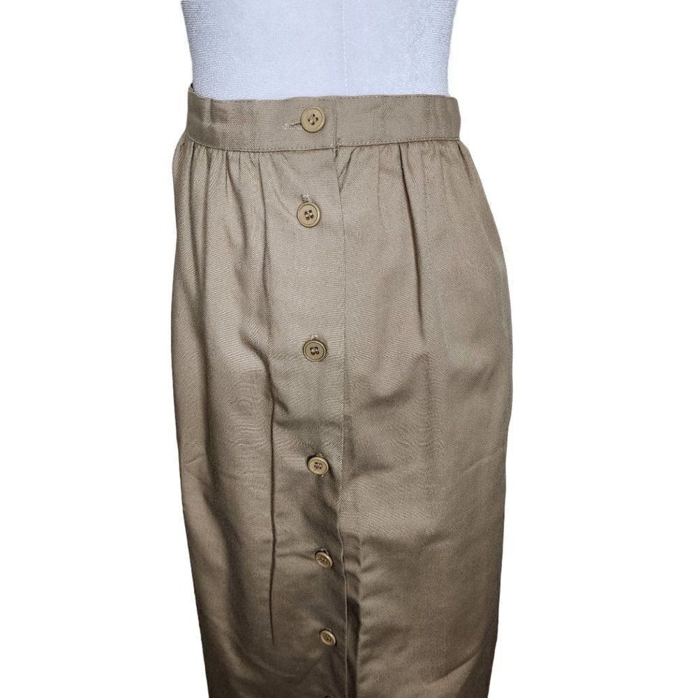 Vintage 80s Straight Midi Skirt Womens Size 10 Khaki Tan Side Buttons Office Bas — image 3 of 8